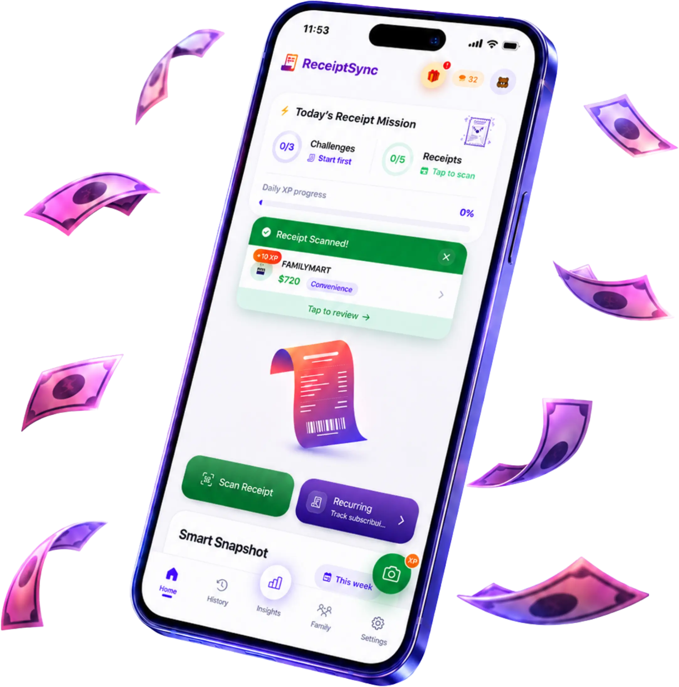 ReceiptSync app: auto-scanned receipts, budgets, financial health score, and Google Sheets sync