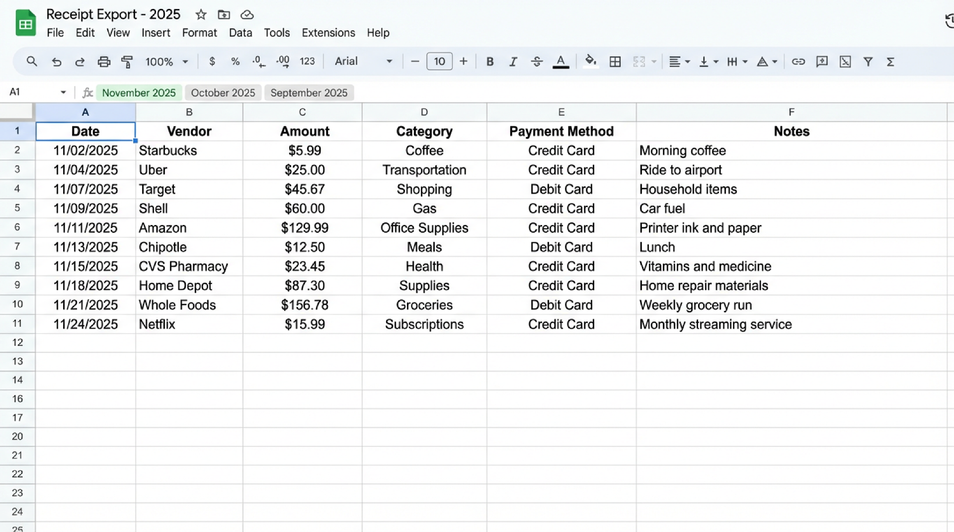 Google Sheets spreadsheet populated with receipt data from ReceiptSync